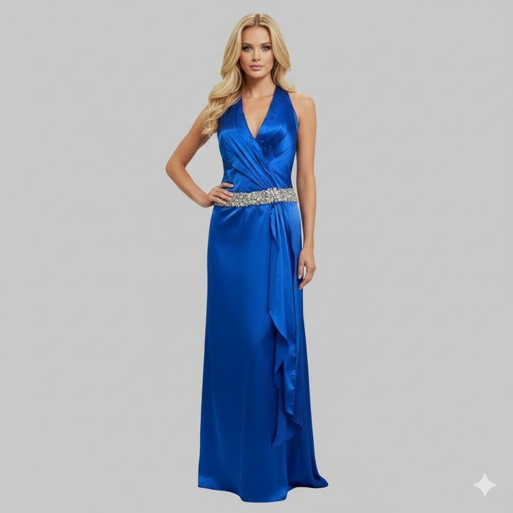 Satin Royal Blue Halter Dress with Silver Accents